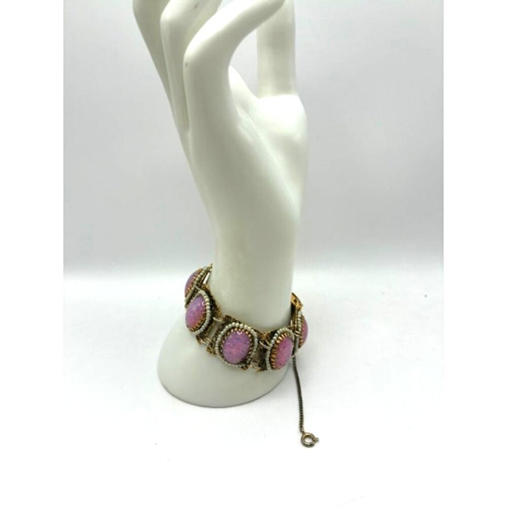 Vintage Van Dell Pink Faux Opal Glass Bracelet Clip Earrings Set Signed